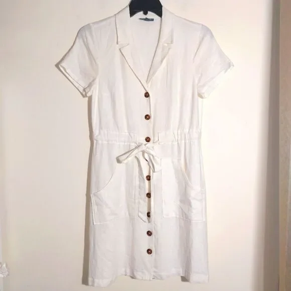 ModCloth Women's Linen Blend Enthralled Again Ivory Shirt Dress Size M EUC - Picture 3 of 11